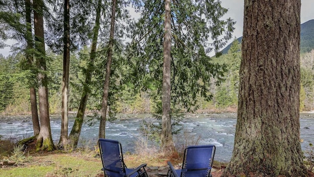 Two blue chairs facing a river surrounded by trees.