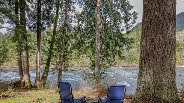 Deux chaises bleues sont placées sur une corniche de pierre, d’où l’on a une vue sur une rivière, le tout étant entouré d’une forêt dense et de grands arbres.