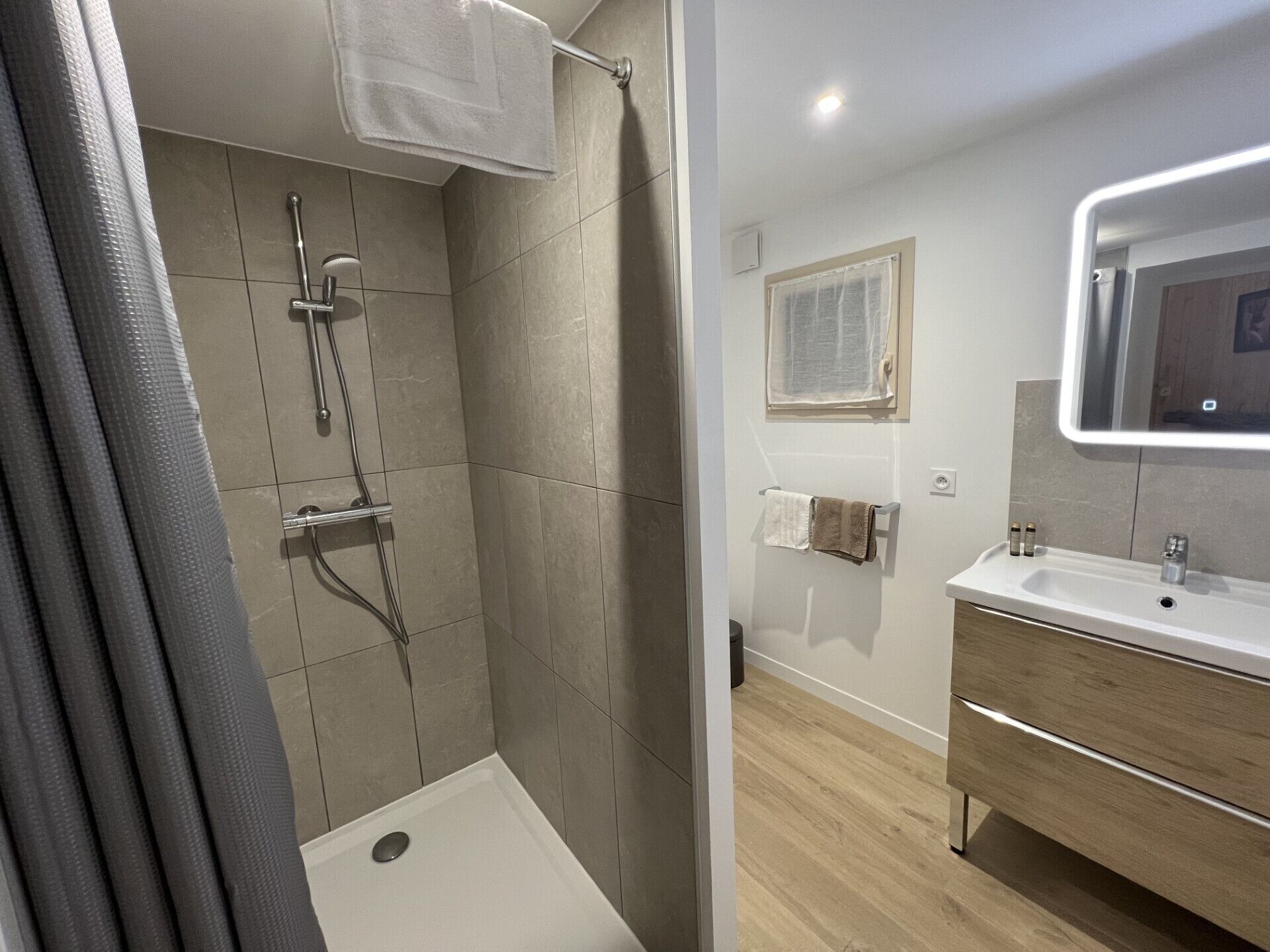 A modern bathroom with a shower, a sink, and a mirror.
