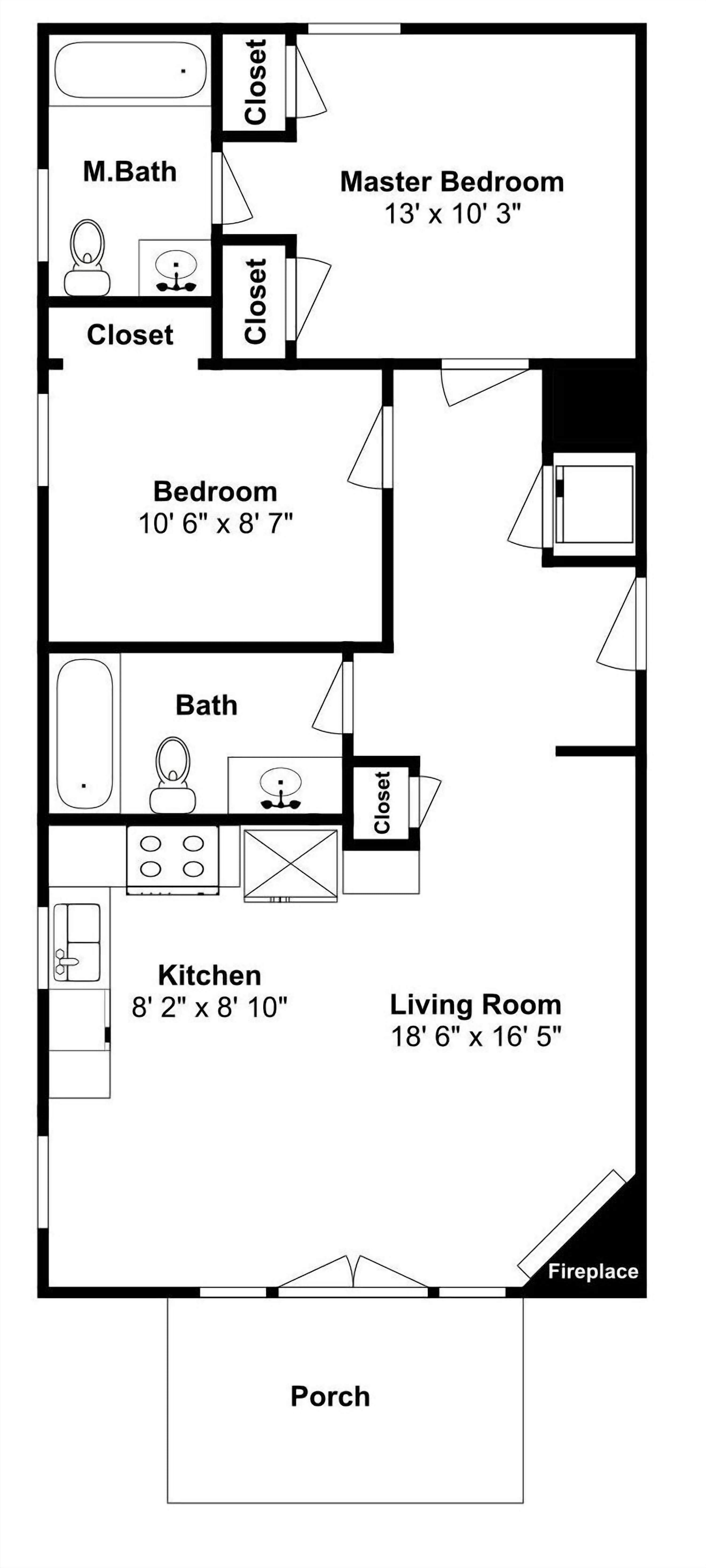 Plano de planta de una casa que incluye un dormitorio principal, un baño principal, dos dormitorios, una cocina, una sala de estar y un porche.