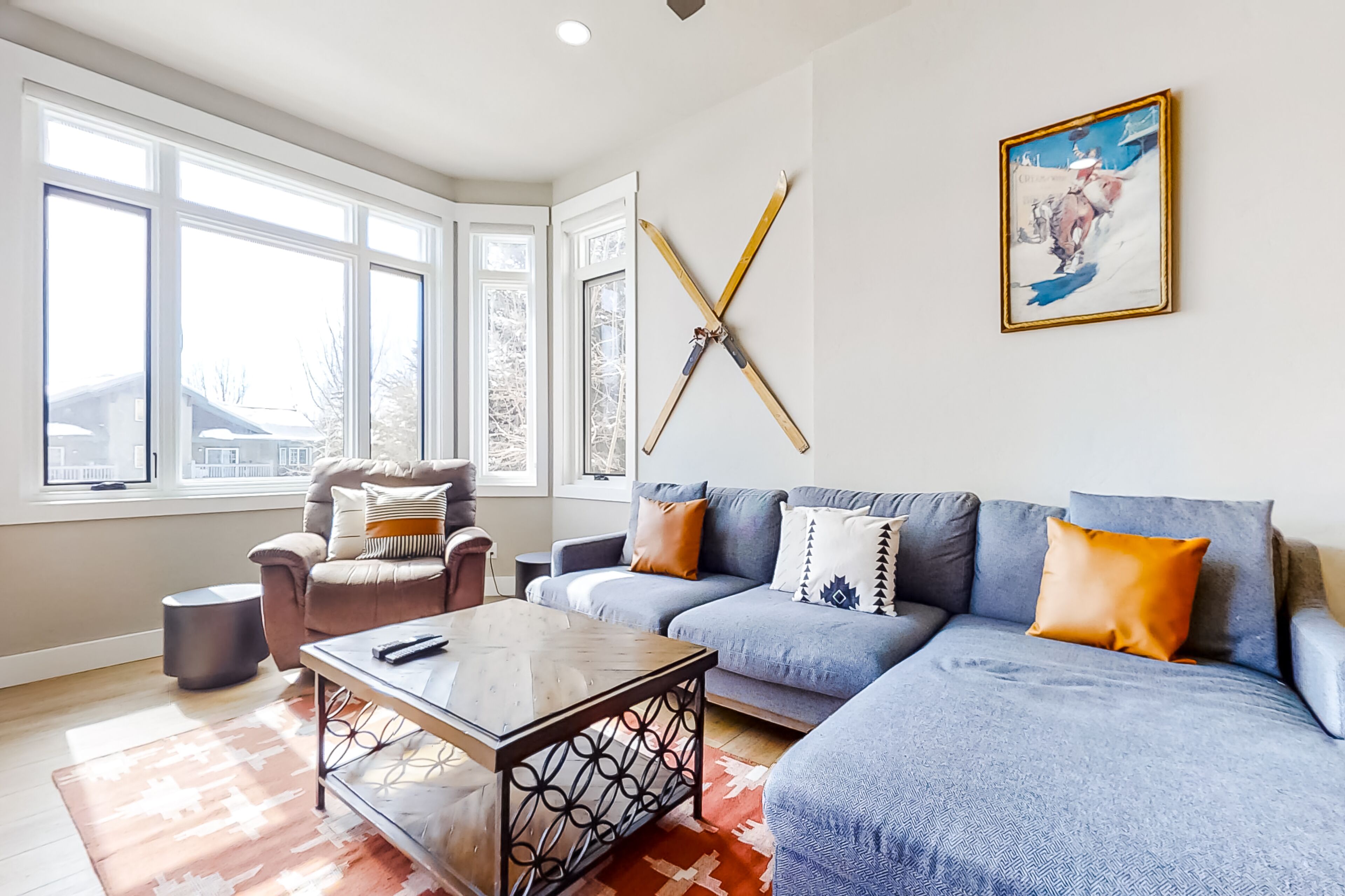 TV, fireplace, books