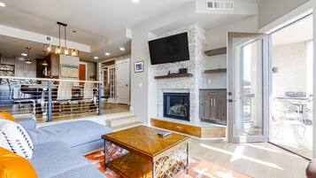 TV, fireplace, books