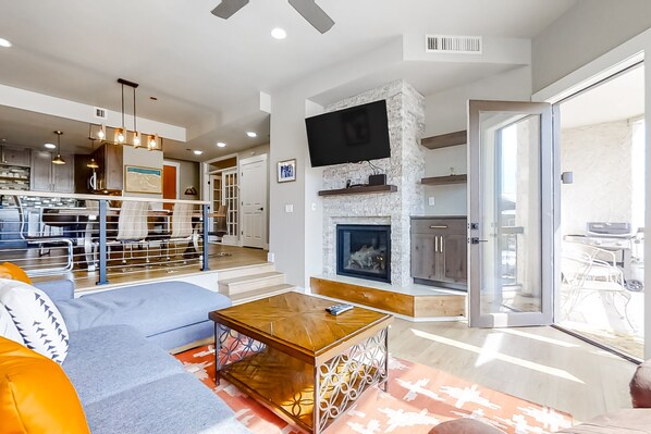 TV, fireplace, books