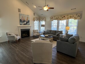 Televisión, chimenea y libros 