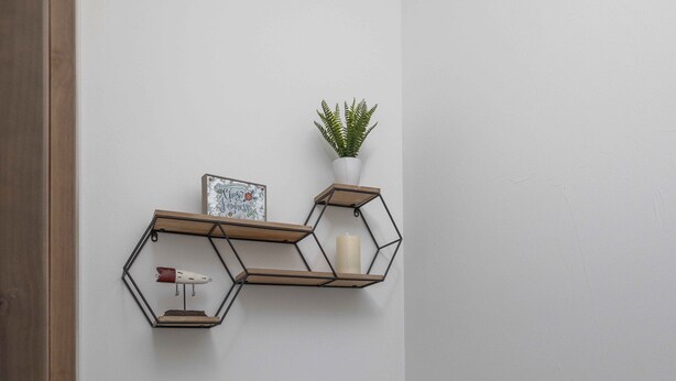 Une salle de bain moderne avec des toilettes, un porte-rouleau de papier toilette, une étagère avec une plante et un objet décoratif, et un plancher en bois.