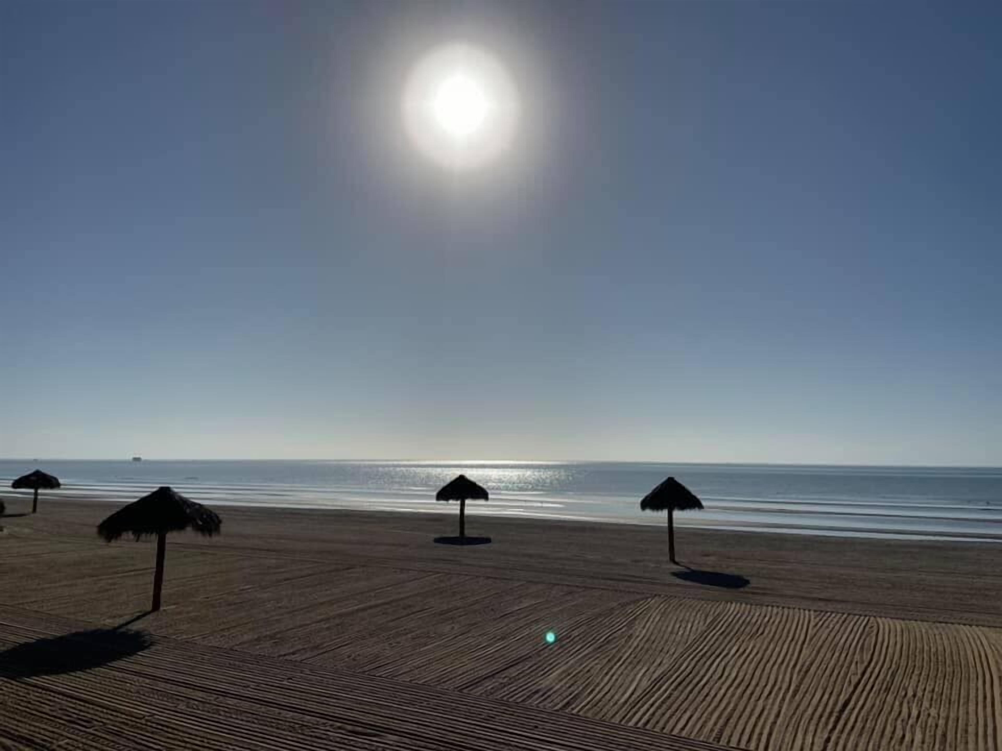 Une terrasse en bois, agrémentée de parasols en chaume, qui offre une vue sur une mer calme sous un ciel dégagé.