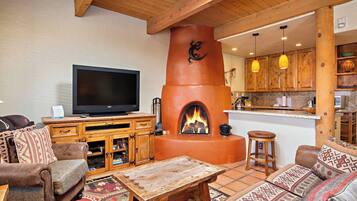 Smart TV, fireplace, DVD player, books