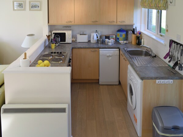 A compact kitchen with a microwave, toaster, and dishwasher.