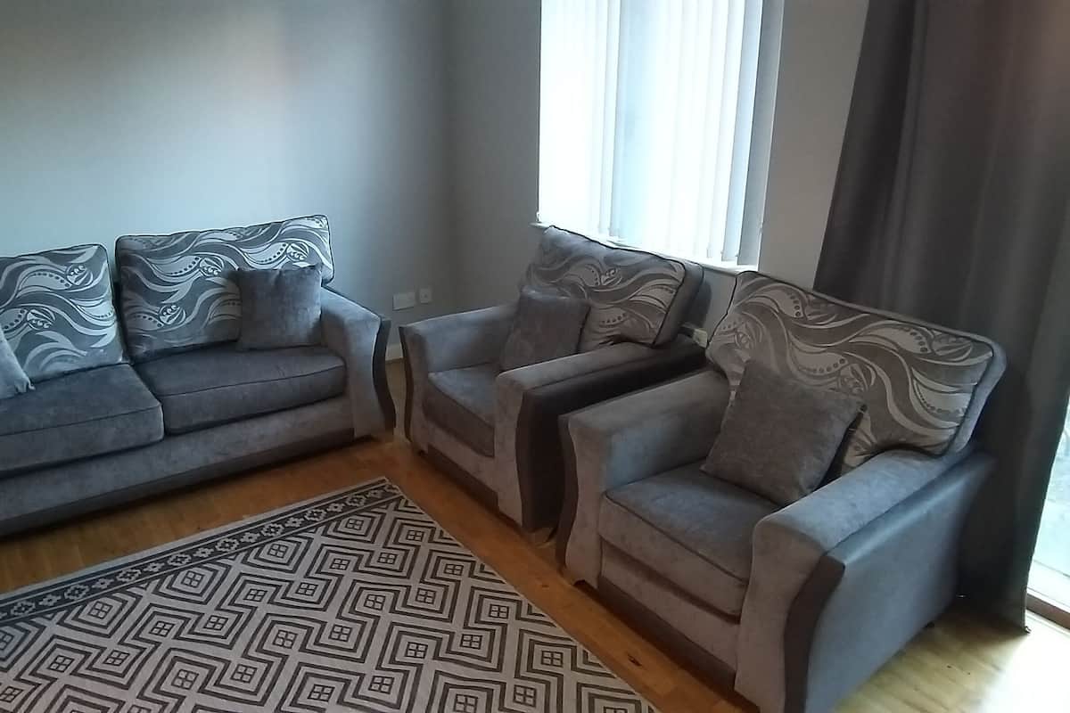A living room with two grey sofas, a patterned rug, and a large window with curtains.