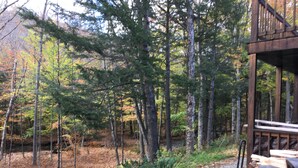 A cabin with a deck and a firewood pile in a forested area. - Great Location, walk to the Flume 1.5 mi and trailheads (Lincoln)
