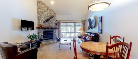 TV, fireplace, books