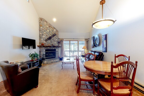TV, fireplace, books