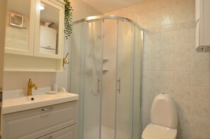 Shower, hair dryer, shampoo, toilet paper