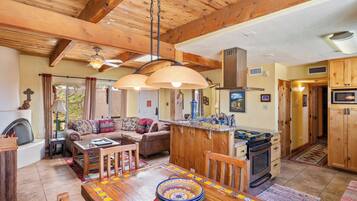 Smart TV, fireplace, DVD player, books