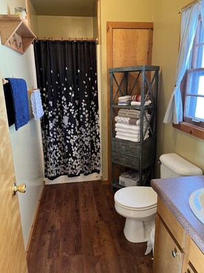 Regadera, secadora de cabello, toallas, jabón