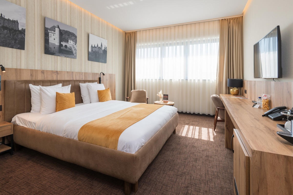 Habitación de hotel con una cama grande, un escritorio, una silla, un televisor y obras de arte en las paredes.