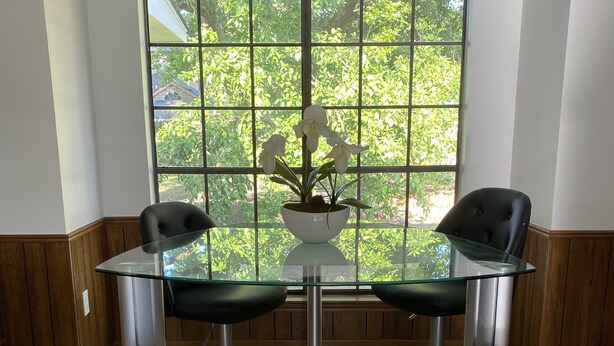 A modern dining area with a glass table and black cushioned chairs, a potted plant, and a large window with a view of greenery. - TANGERINE HOUSE (Baton Rouge)