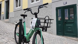 A green electric bike parked on a cobblestone street, with a building featuring a number '102' and a green door in the background.
