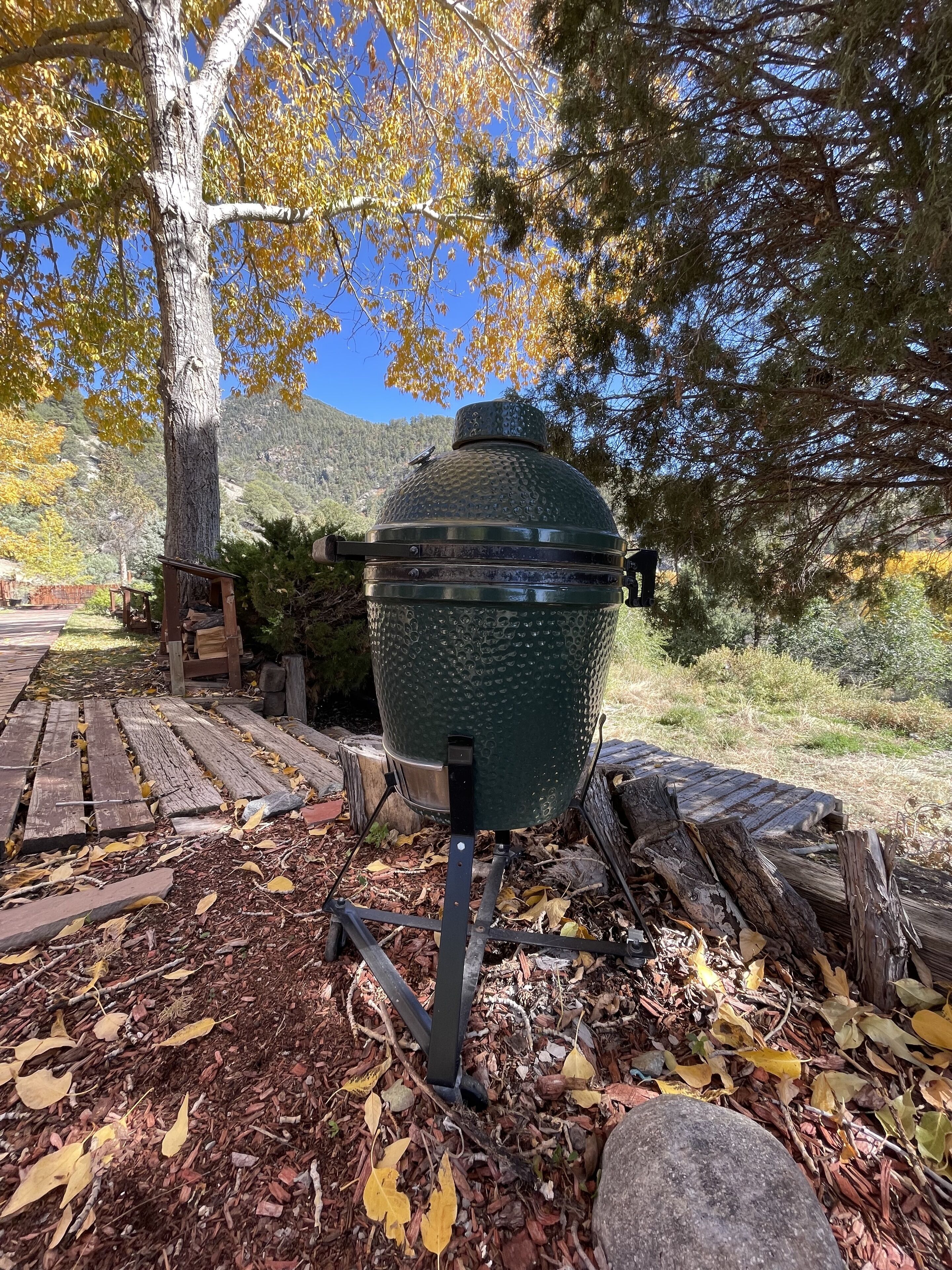 Un barbecue portable installé sur une terrasse en bois, entouré de feuilles d’automne et d’arbres.