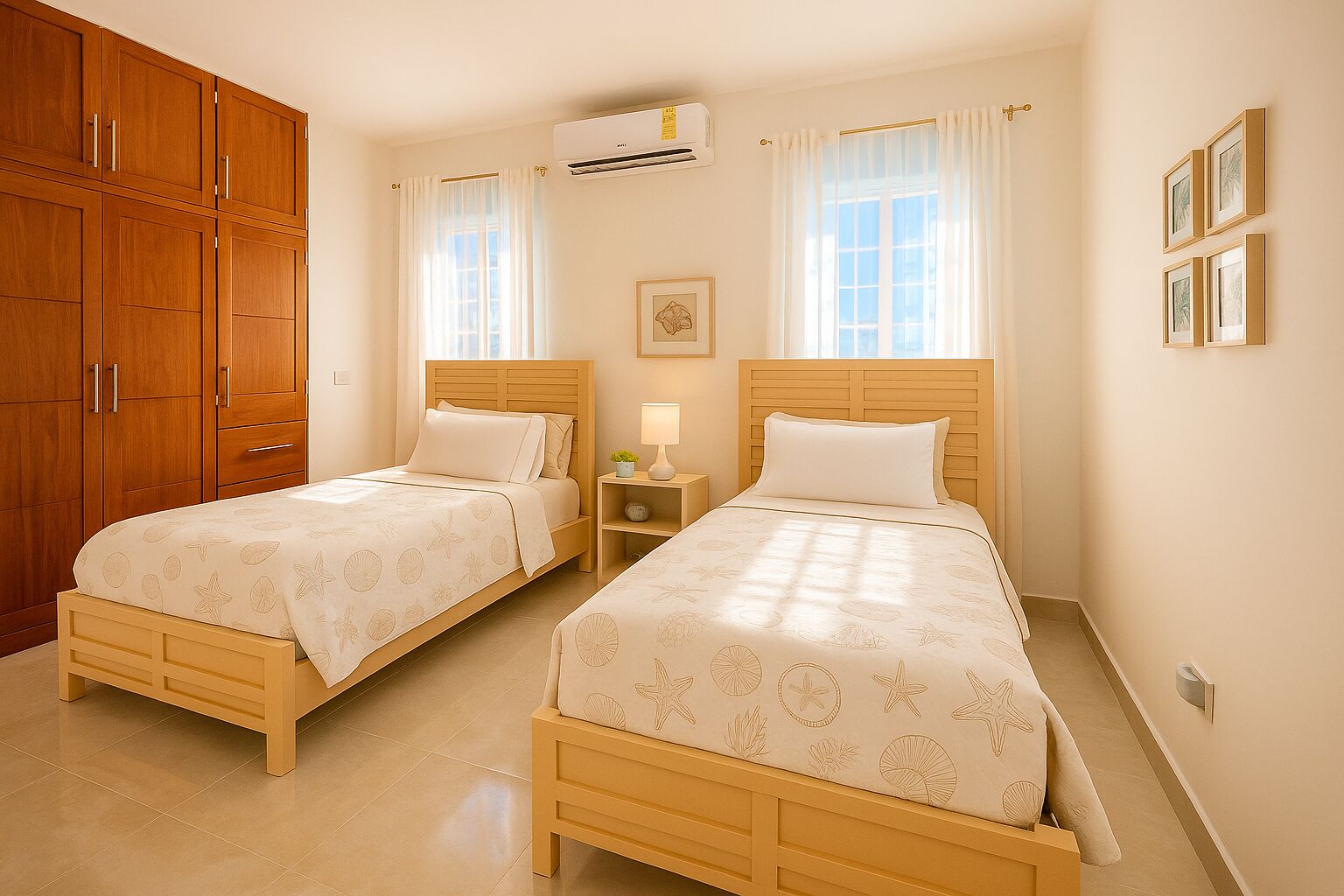 A bedroom with two beds, wooden wardrobe, air conditioning unit, bedside tables, and framed pictures on the wall.