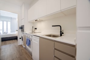 Fridge, microwave, dishwasher, coffee/tea maker
