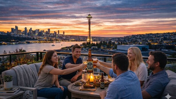 A group of people toasting at a table with a view of a city skyline and a tower in the background. - 4BR | BBQ, Rooftop | Eastlake | Sophari Home C (Seattle)