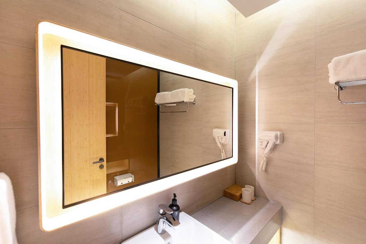 A bathroom with a large mirror, a sink, a towel rack, and a hairdryer.