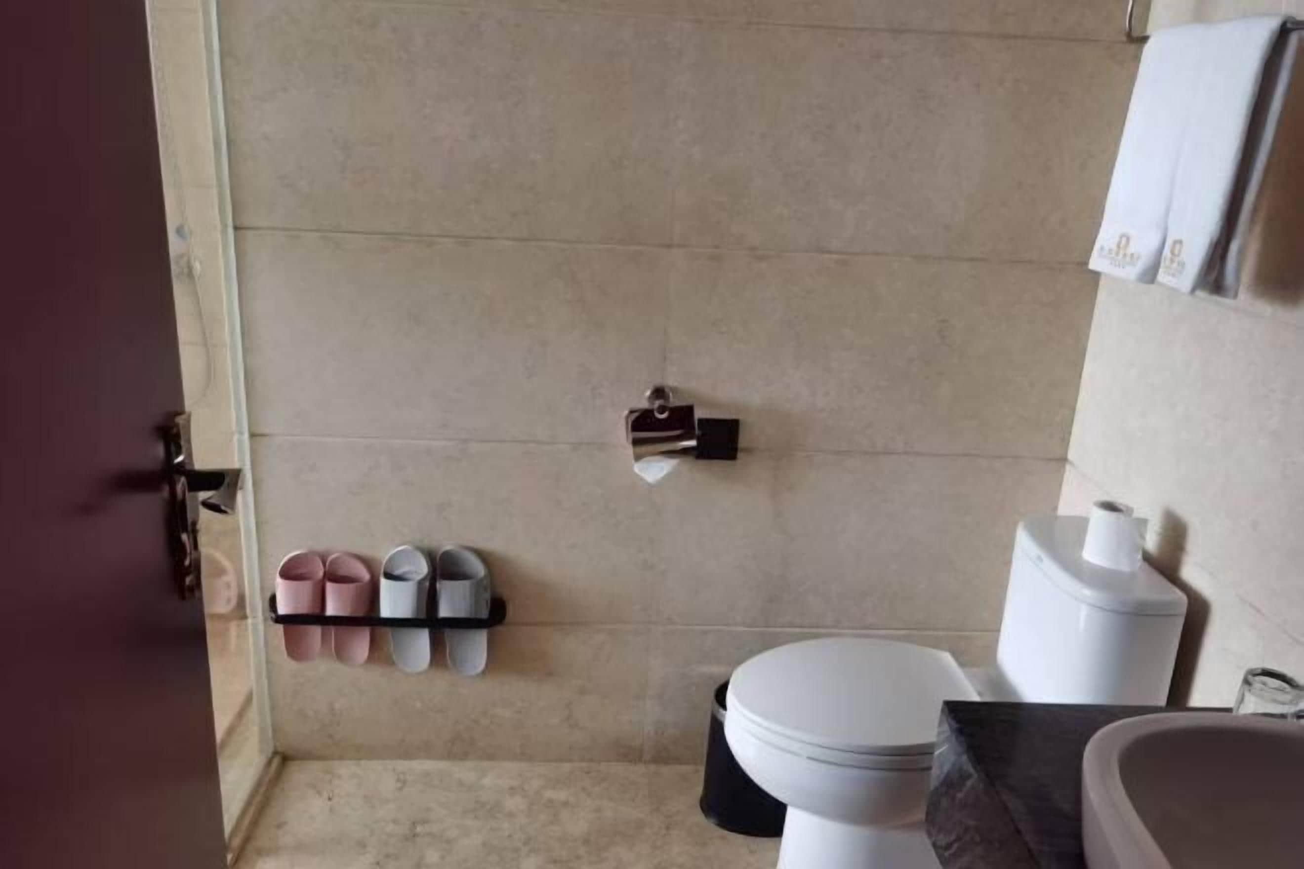 A bathroom with a toilet, sink, and a towel rack with shoes.