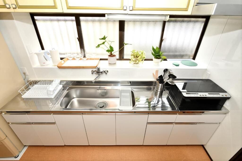 Una cocina moderna con un lavamanos de acero inoxidable, una estufa integrada y un ventanal con plantas.