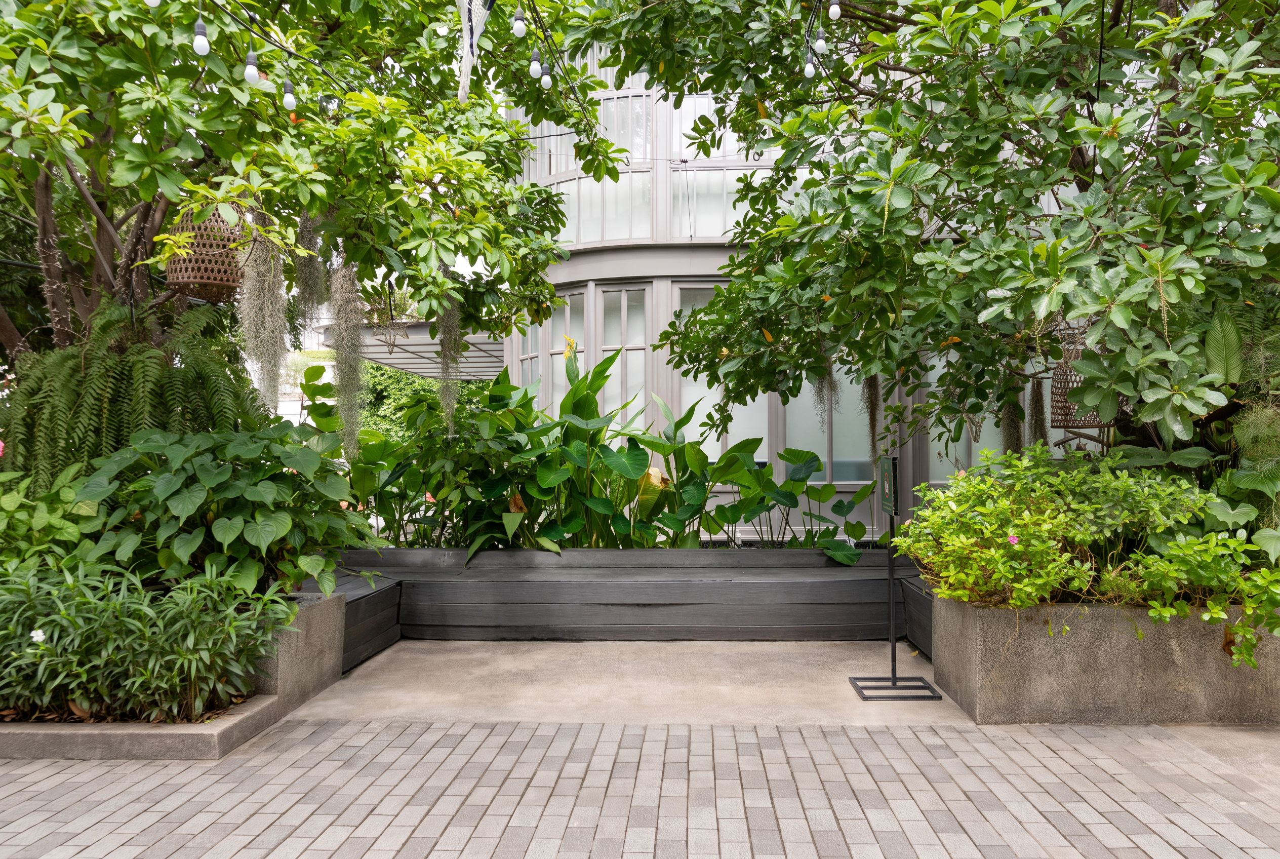 Un patio empedrado con un banco, rodeado de abundante vegetación y un edificio al fondo.