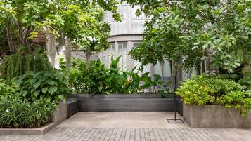 Un patio empedrado con un banco, rodeado de abundante vegetación y un edificio al fondo.