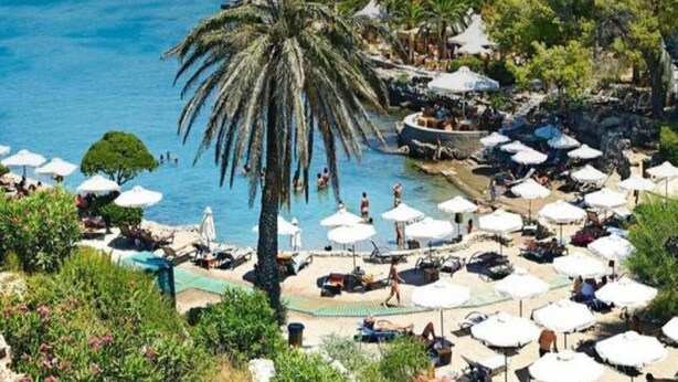 A resort with a pool area, sun loungers, umbrellas, and a palm tree. - Villa in Rhodes with Infinity Pool (Kalythies)