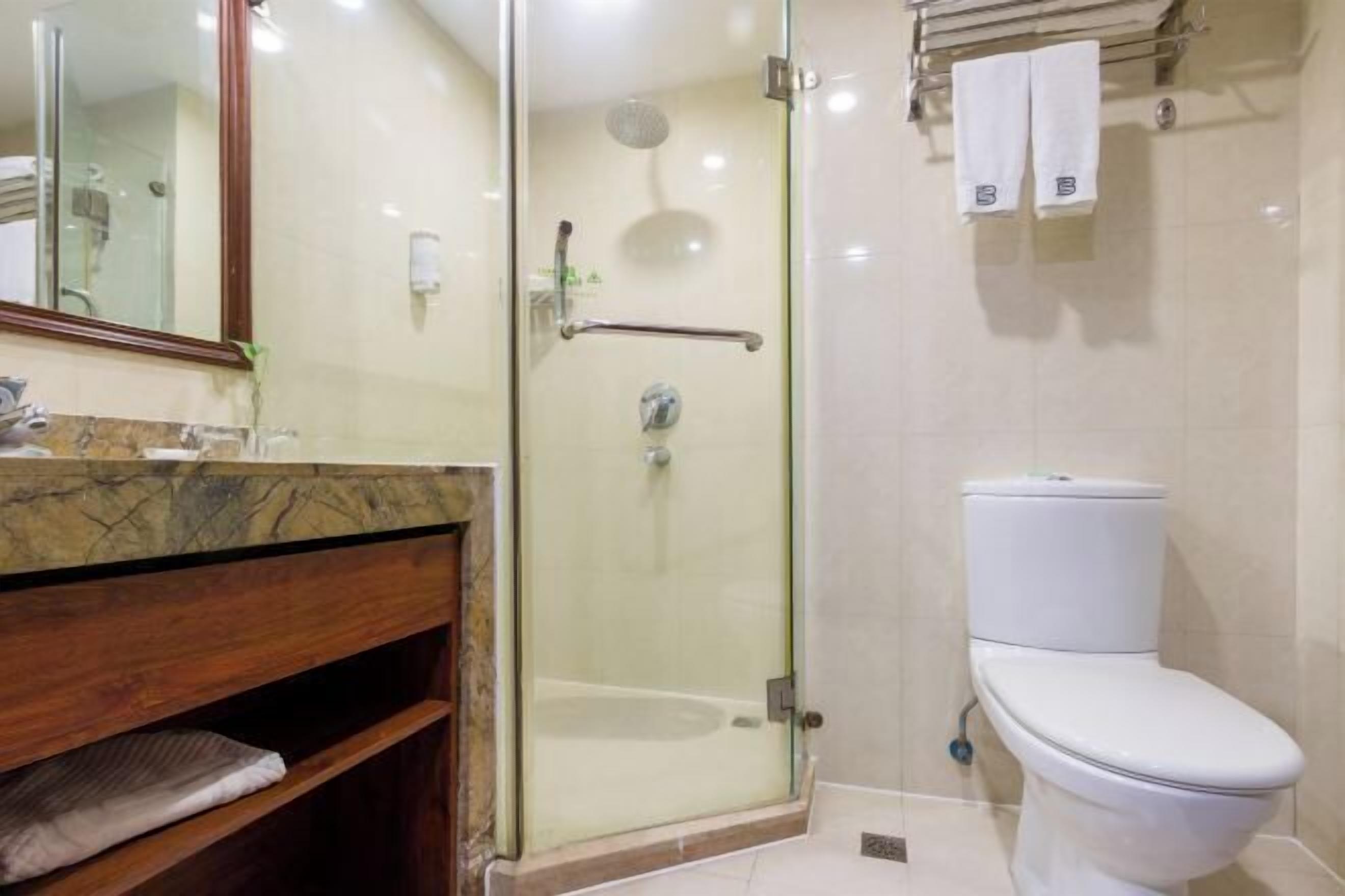 A bathroom with a glass-enclosed shower, a white toilet, a marble sink, and a wooden vanity.