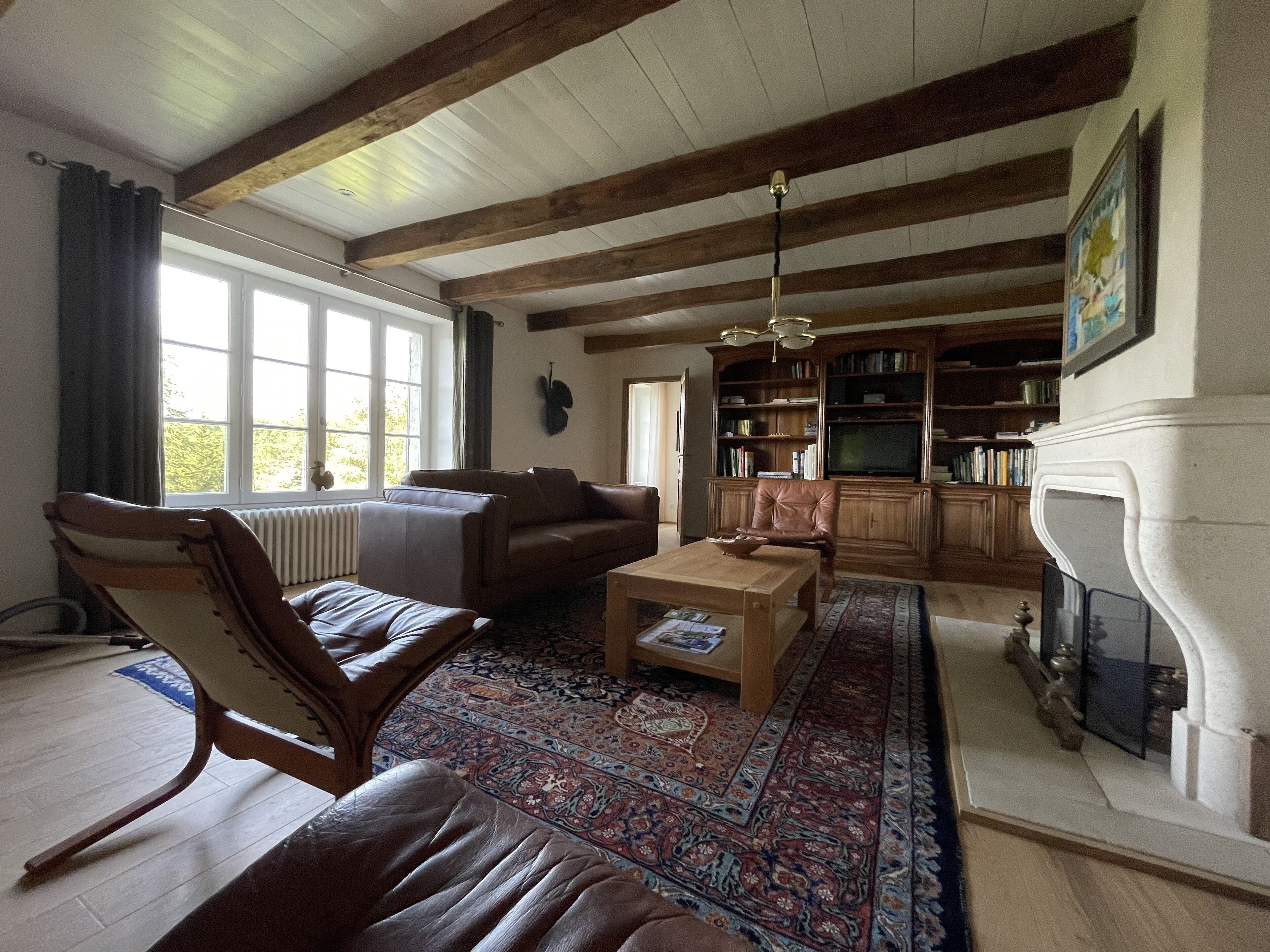 Een televisie, een open haard, boeken en een stereo