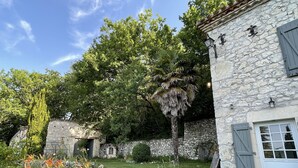 Un edificio de piedra con puerta y ventana, rodeado de un jardín bien cuidado con diversas plantas y un árbol grande.