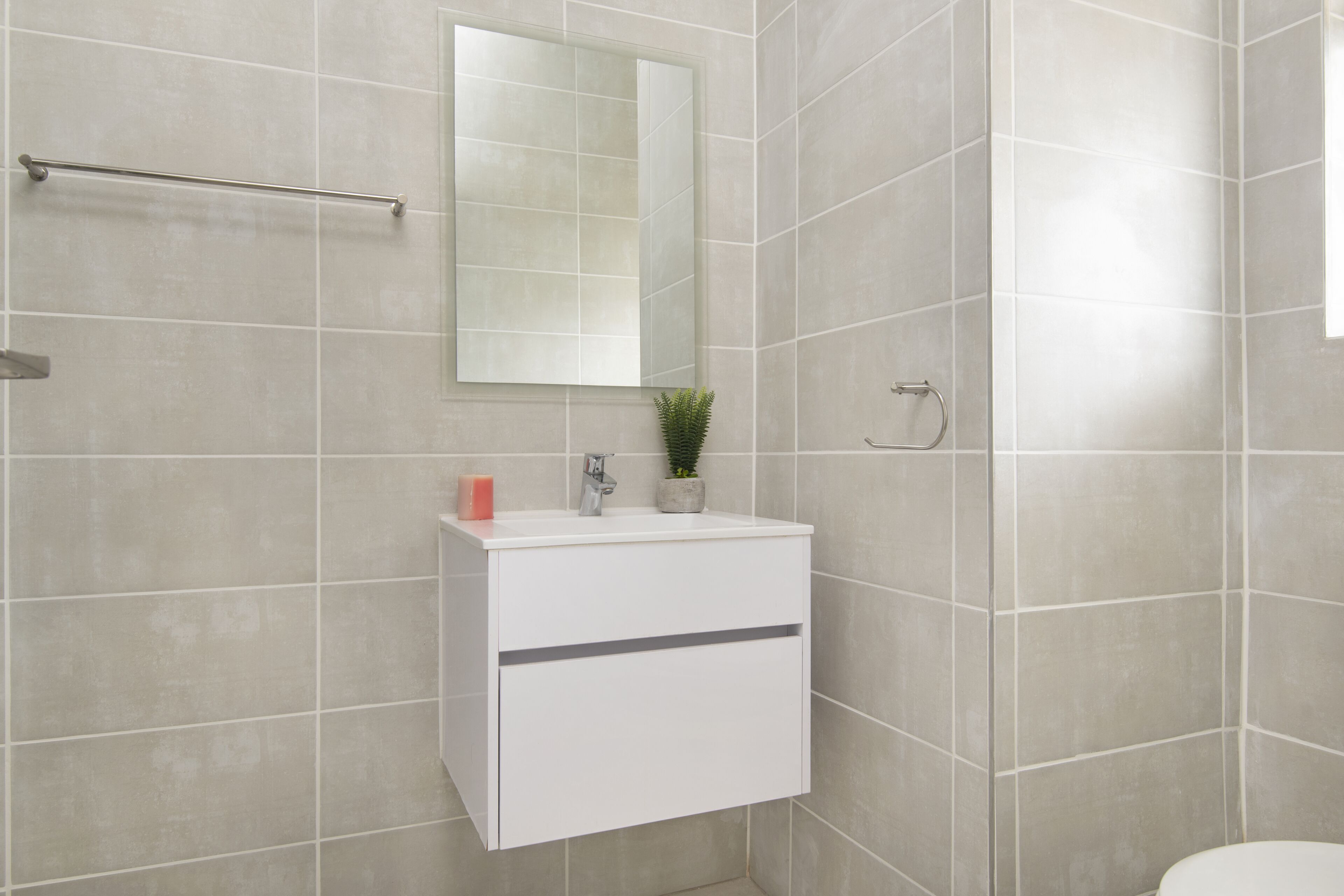 A bathroom with a white vanity, a mirror, a towel rack, and a small potted plant.