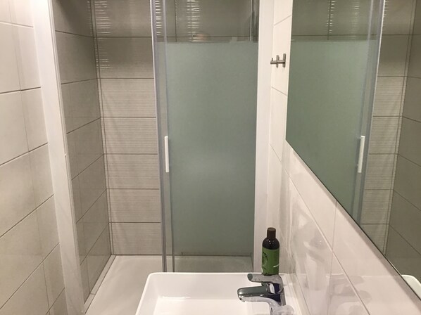 A bathroom with a glass shower enclosure, a white sink, and a mirror.