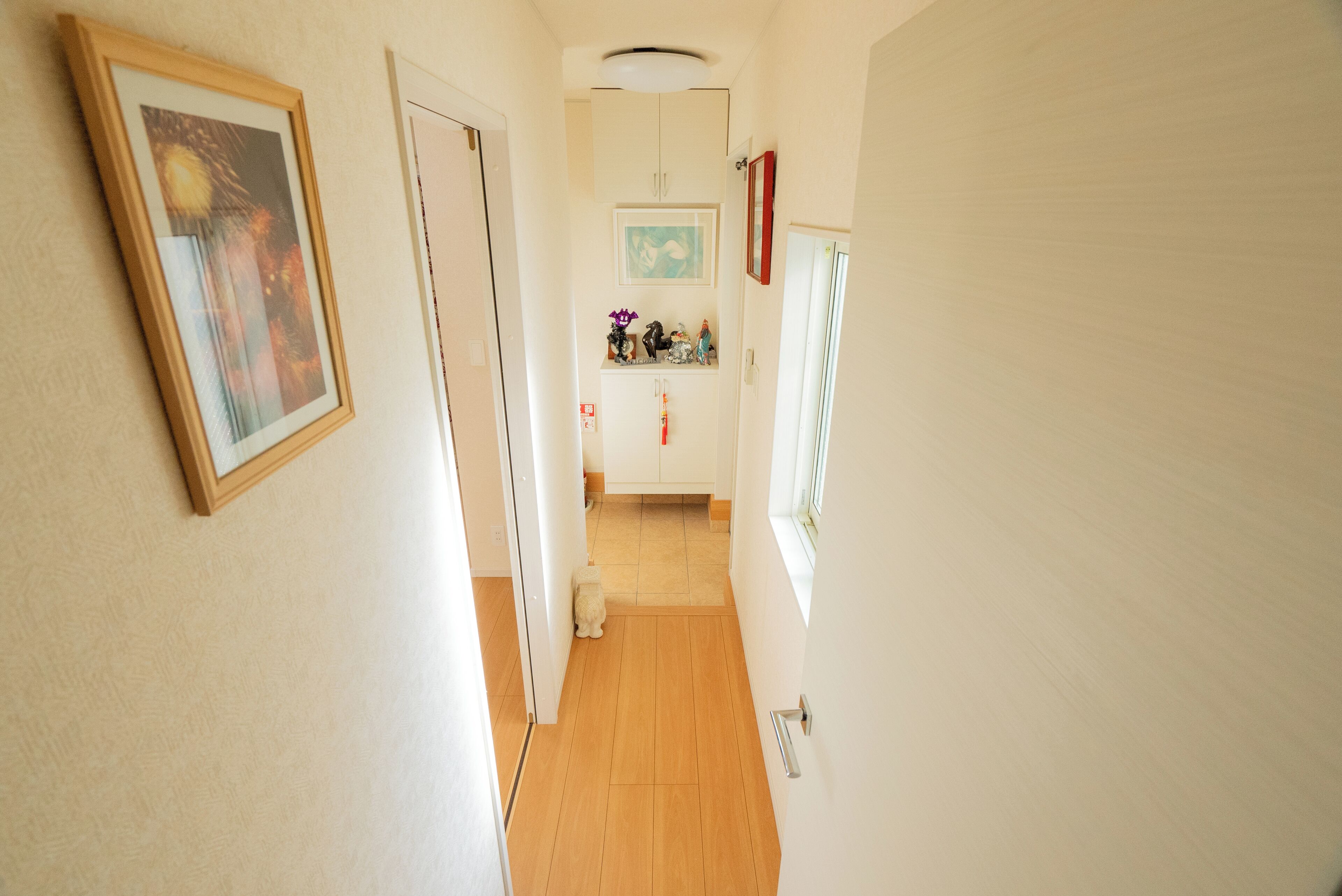 A narrow hallway with wooden flooring, white walls, and a door leading to a room. There is a framed picture on the left wall and a small dog near the door.
