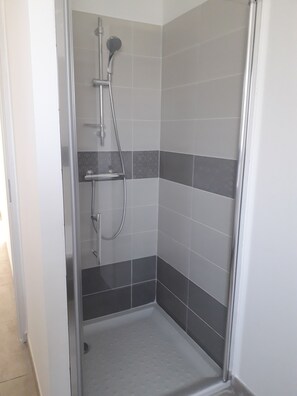 Combined shower/bathtub, hair dryer, towels, toilet paper