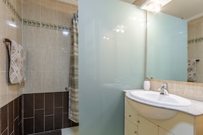 Shower, hair dryer, towels