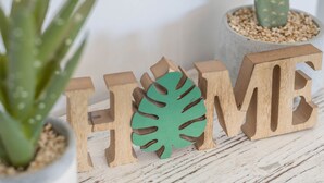Wooden letters spelling 'HOME' with a leaf in the center, a cactus, and a potted plant. - Holiday Home "Alegria" close to the Beach with Garden & Wi-Fi (Puerto del Carmen)