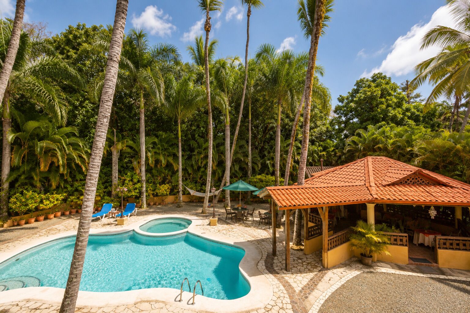 Pool area includes Domino, Jacuzzi with heater, pool, Gazebo.
