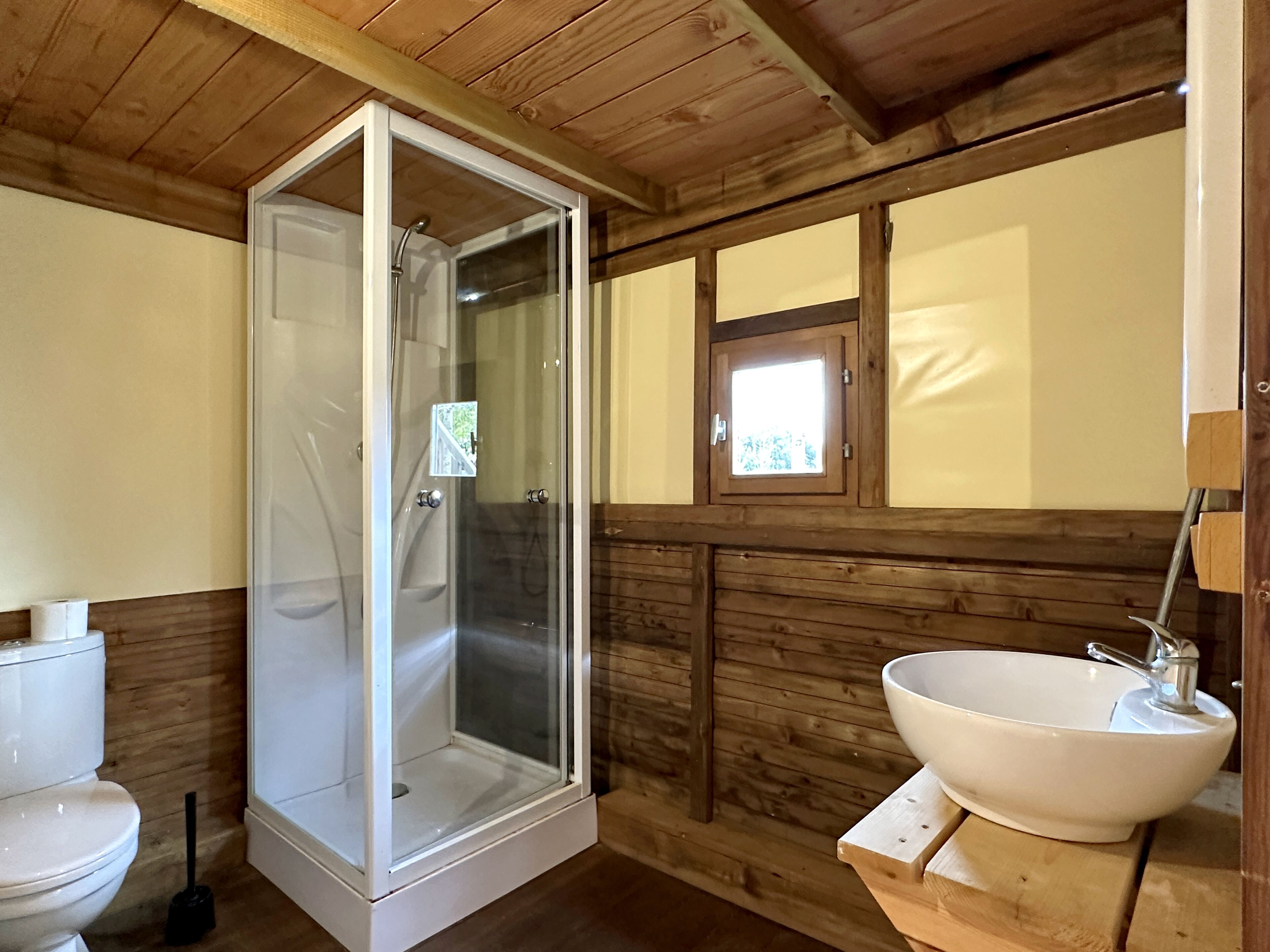 Ein Badezimmer einer Holzhütte mit einer gläsernen Duschkabine, einem weißen Waschbecken und einer Toilette.