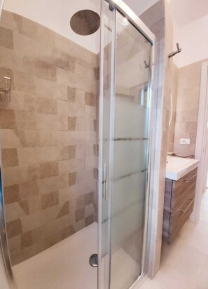 Shower, hair dryer, bidet, towels