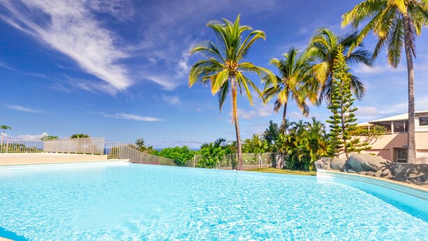 Une piscine d’eau bleue et limpide, bordée de palmiers, avec une clôture en arrière-plan.