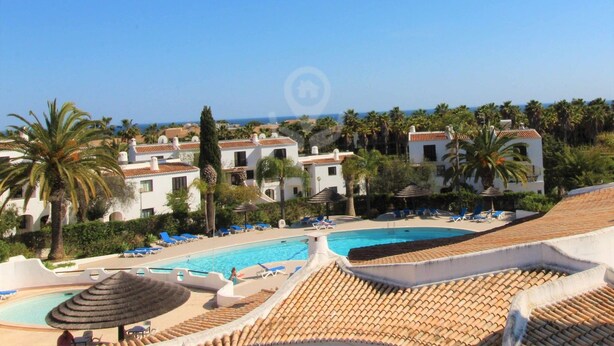 Um resort com piscina, espreguiçadeiras e palmeiras.