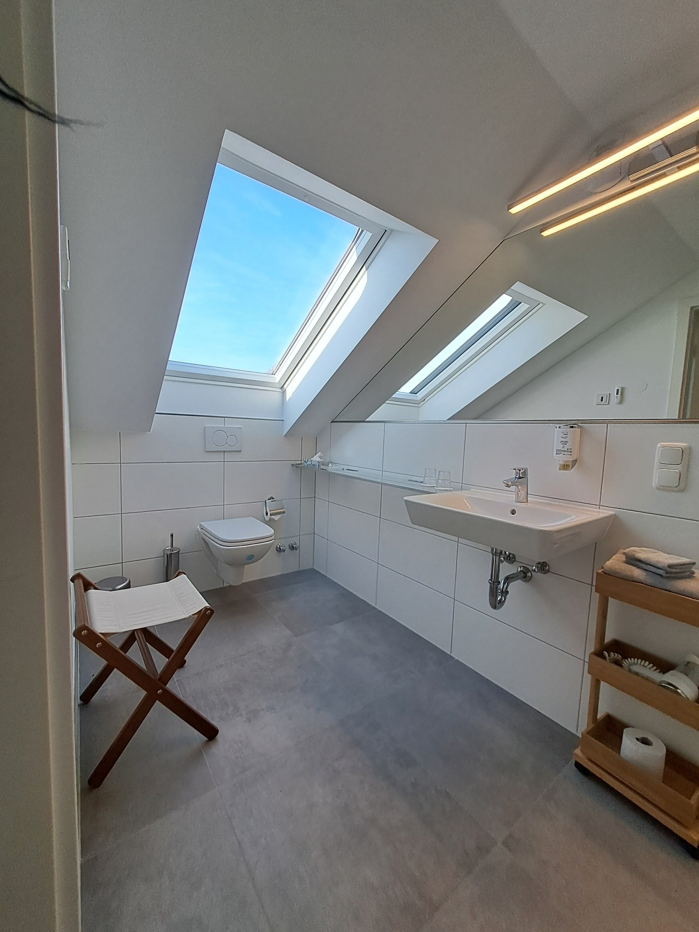 A modern bathroom with skylights, a toilet, a sink, and a wooden shelf.