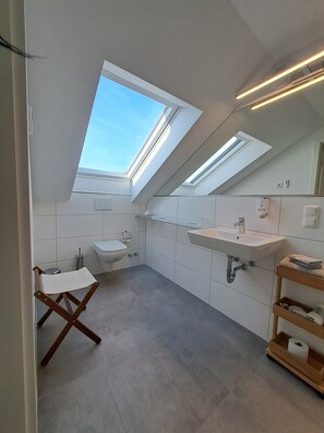 A modern bathroom with skylights, a toilet, a sink, and a wooden shelf. - Schloss Schlemmin (Schlemmin)