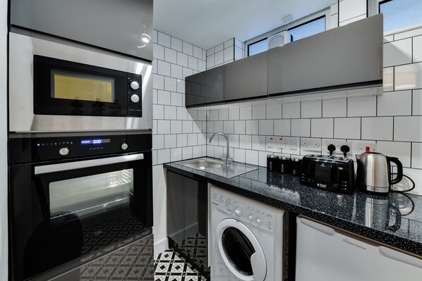 Fridge, microwave, oven, electric kettle