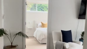 Moderni hotellihuone, jossa on sänky, valkoinen nojatuoli, televisio ja ruukussa oleva kasvi.